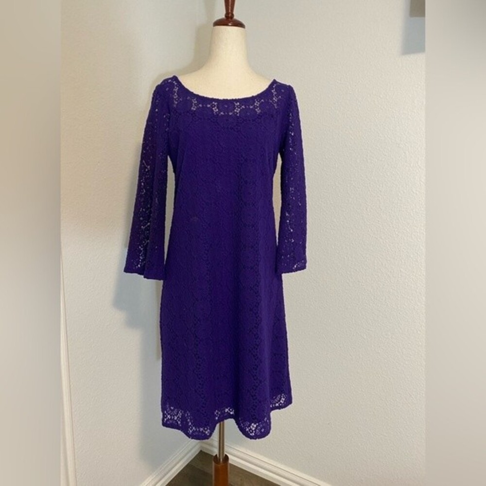 MUSE Purple Lace Diamond Circle Pattern L Sleeve Dress Sexy Luxury Size 10
